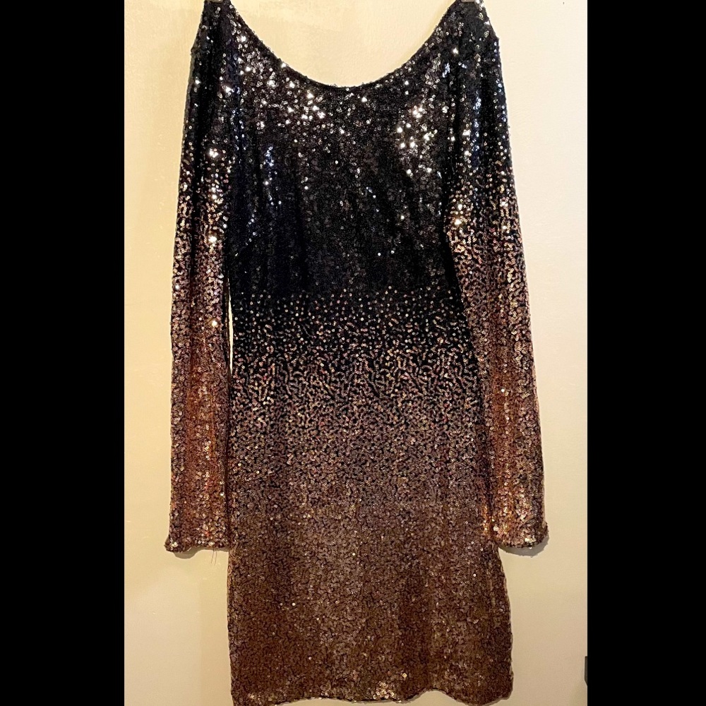 Long sleeve, open back, black and gold sequin dress. Worn once.